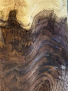 Close up example of unfinished figured walnut.