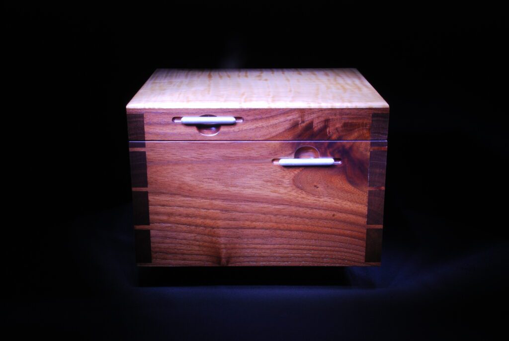 Front view of highly figured walnut humidor