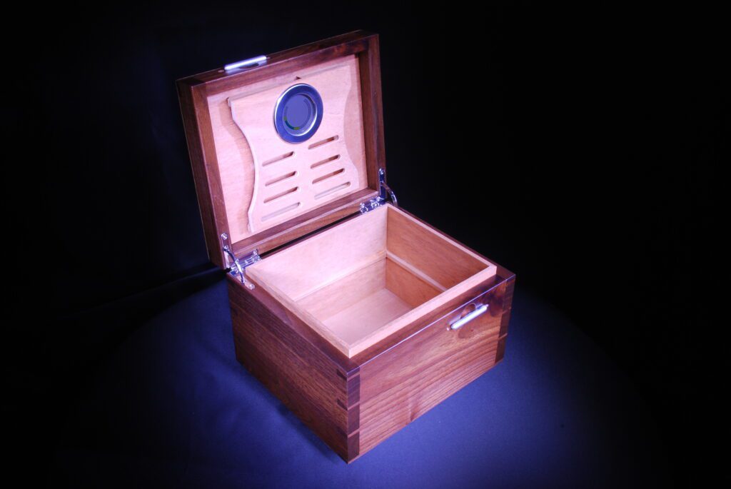 Expert Craftsmanship in Woodworking - Open Walnut Humidor showing Digital Hygrometer