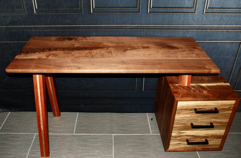 Custom Furniture Design - Luxury Handcrafted Vanity Desk. Black walnut top, Jatoba legs, Black Limba drawer faces