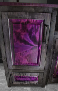 Black and purple dyed Curly Maple finish on drafting desk cabinet door