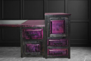 Front view of right-side cabinets of custom-built Curly Maple Drafting Desk by Majesty Woodworks