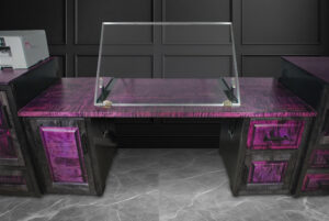 Front view of custom-built Curly Maple Drafting Desk by Majesty Woodworks
