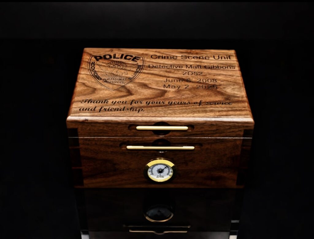Custom walnut humidor engraved for Rockford Police retirement, crafted from Civil War-era wood.