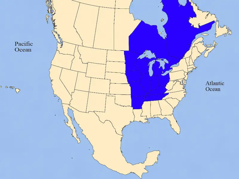 Map highlighting the central and northeastern United States and southeastern Canada