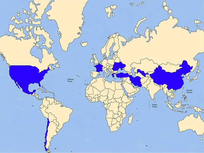 English walnut distribution map showing native and cultivated regions worldwide