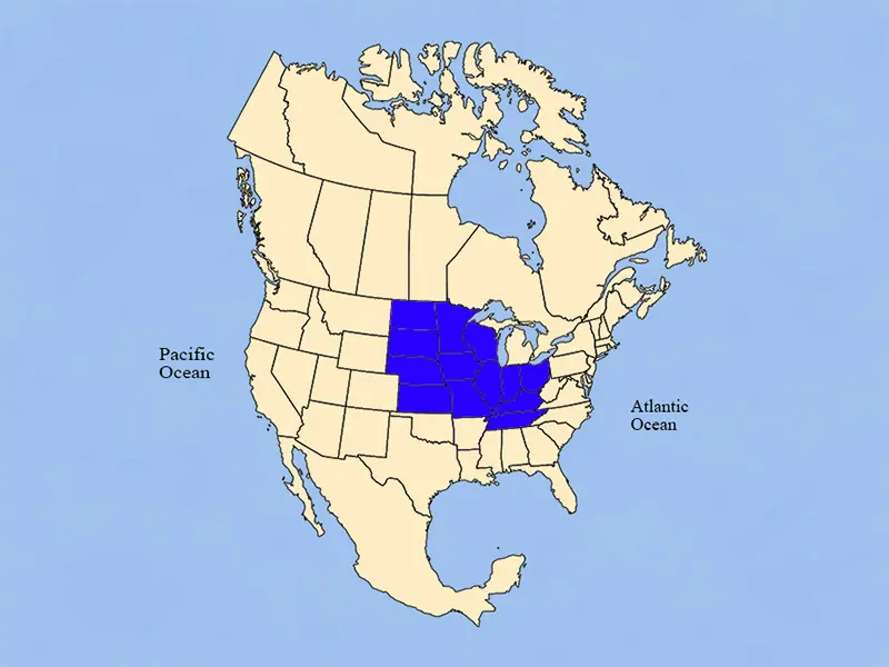 Box elder tree native range map across the central and Midwestern United States.