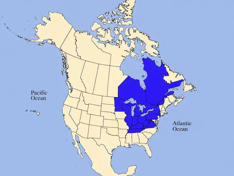 Map showing the natural range of silver maple in eastern North America.